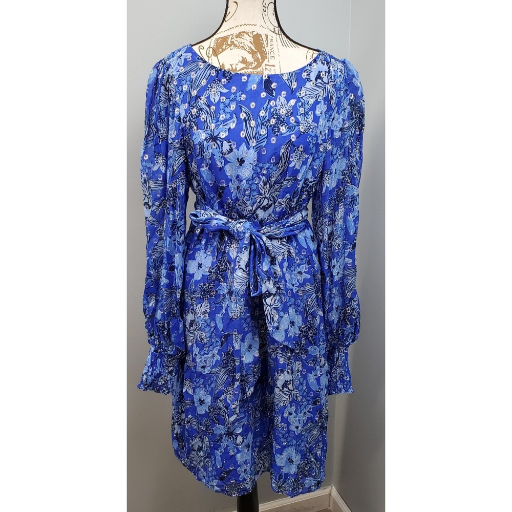 Lilly Pulitzer Alfreda Dress Womens 12 Alba Blue Cruisin Together Long Sleeve